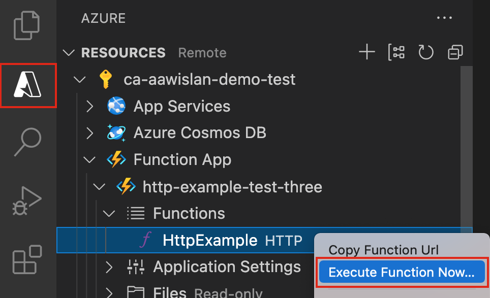 從 Visual Studio Code 在 Azure 中執行函數的螢幕擷取畫面。