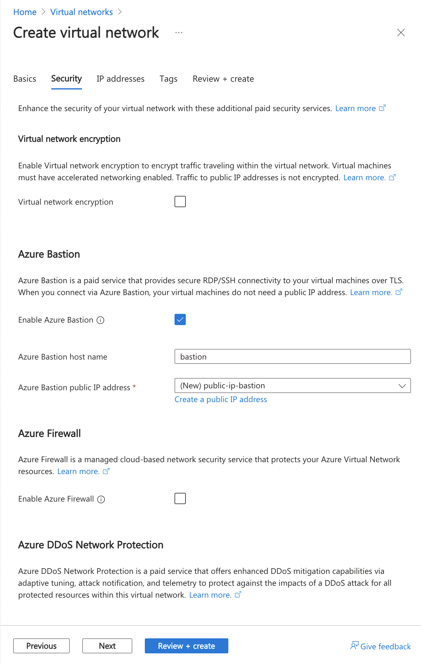 在 Azure 入口網站 中建立虛擬網路中啟用防禦主機的螢幕快照。