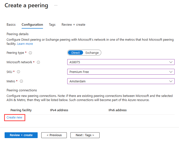 Screenshot of the Configuration tab of creating a peering in the Azure portal.