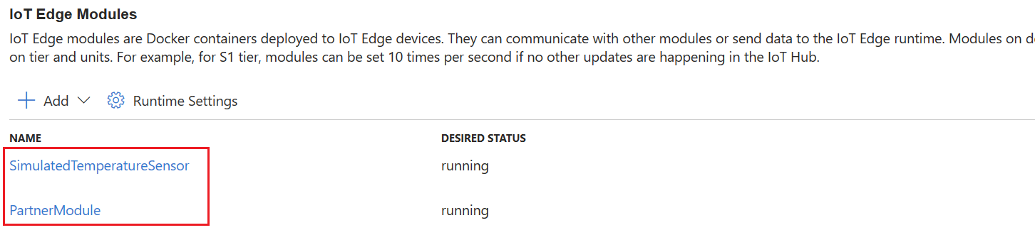 此螢幕擷取畫面顯示在 Azure 入口網站中用以更新 IoT Edge 模組設定的模組清單連結。