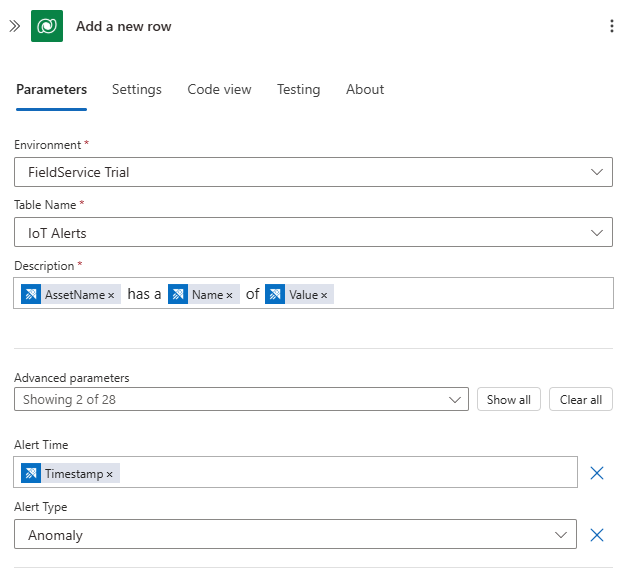 顯示用來建立警示之邏輯應用程式設定的螢幕快照。