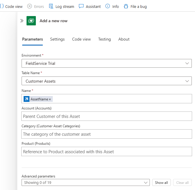顯示如何將資產名稱新增至數據表的工作流程設計工具螢幕快照。