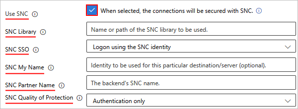 此螢幕快照顯示已啟用取用之 SNC 的 SAP 連線設定。