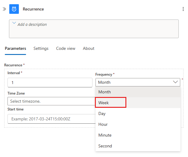 Screenshot that shows the expanded Recurrence trigger with the Frequency list open to show available frequency options.