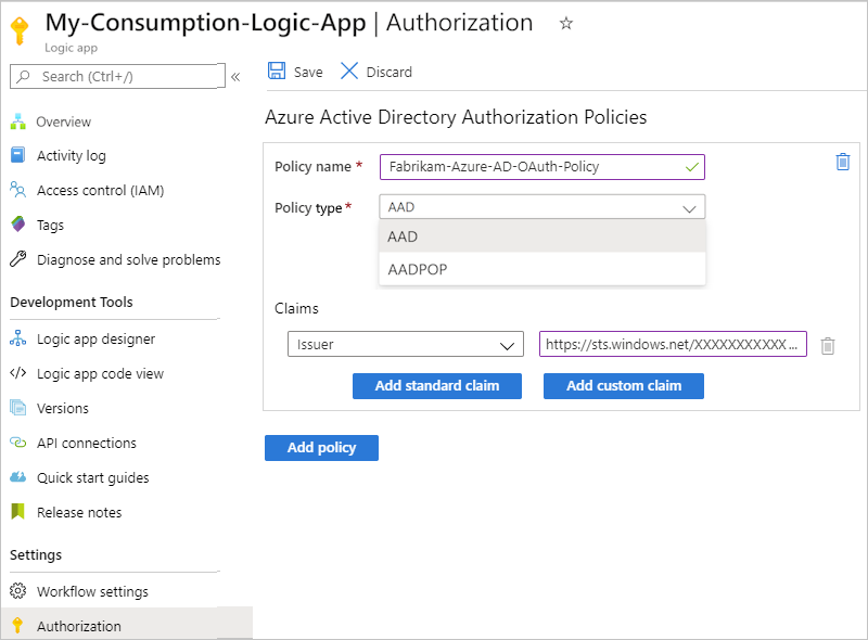 顯示 Azure 入口網站、取用邏輯應用程式授權頁面，以及授權原則資訊的螢幕快照。