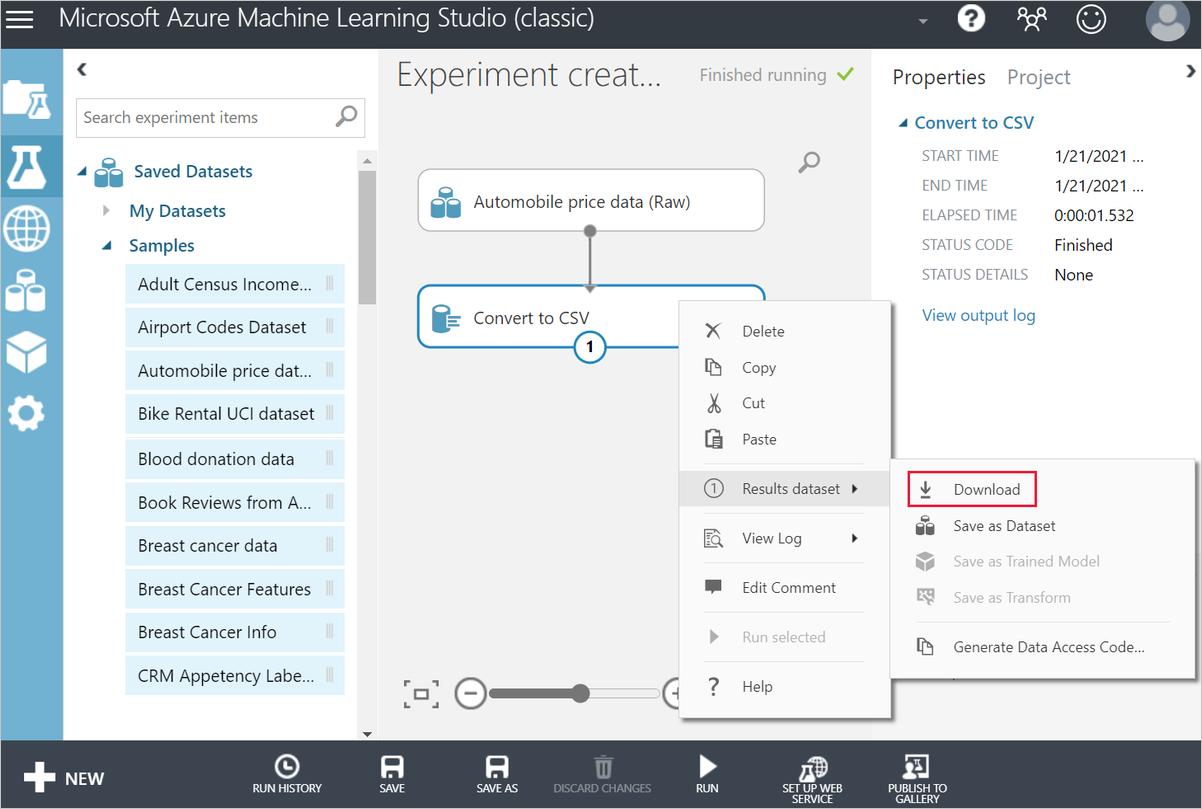 Screenshot showing how to setup a convert to CSV pipeline.