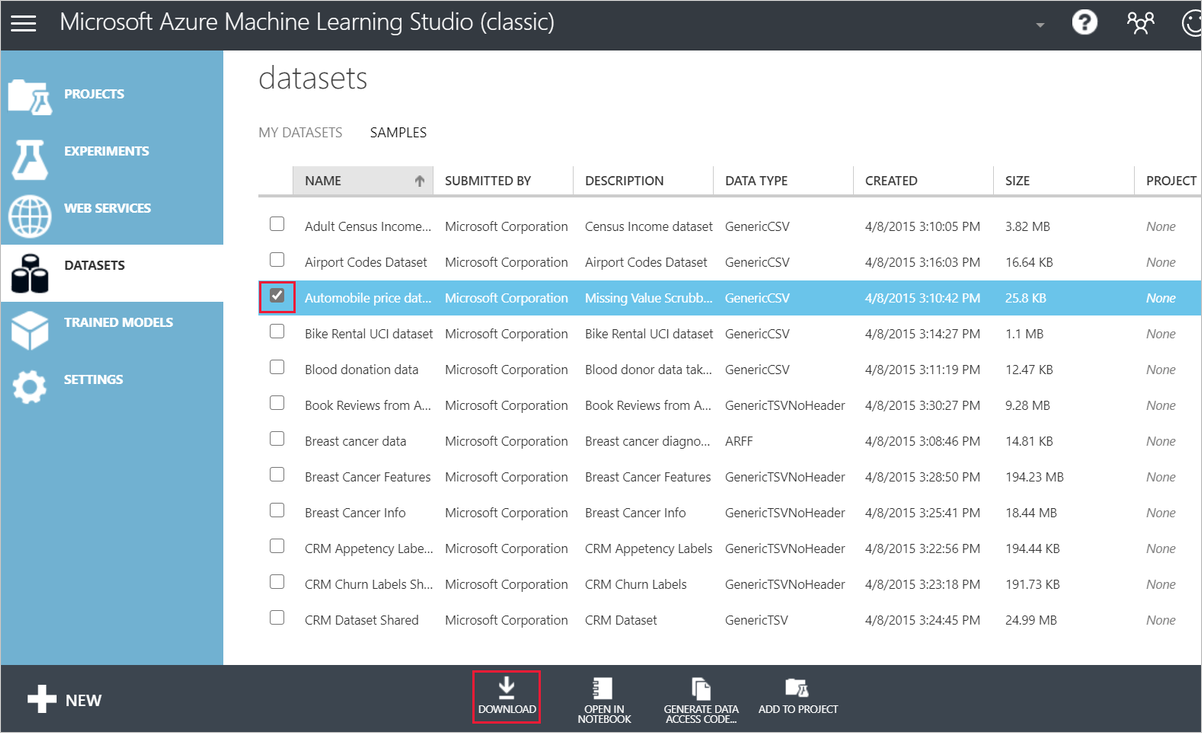 AScreenshot showing how to download a dataset in Studio (classic).