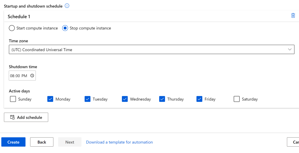 Screenshot: schedule a compute instance to shut down.