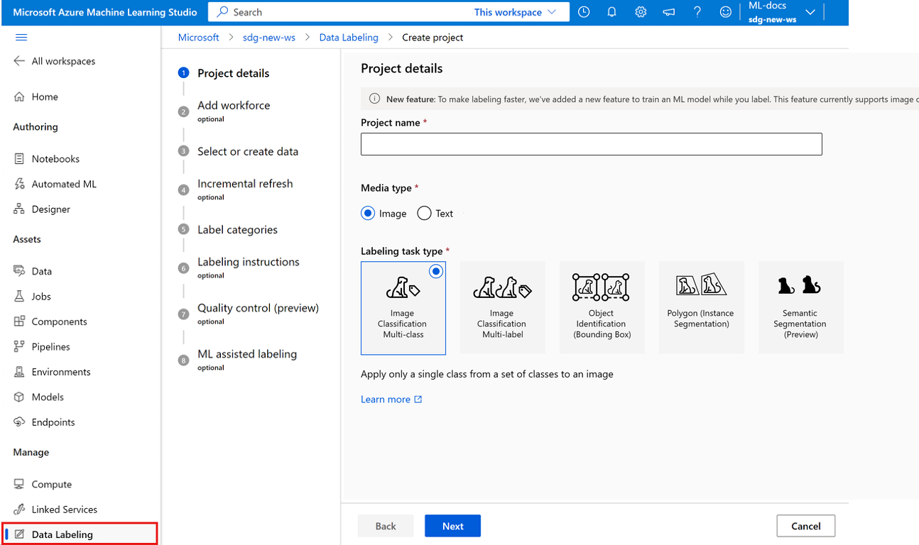 Screenshot that shows creating a labeling project to manage labeling.