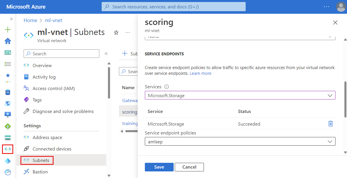 A screenshot of the Azure portal showing how to enable storage endpoint for the subnet.