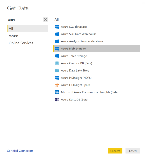 顯示 Power BI blob 設定的螢幕擷取畫面。