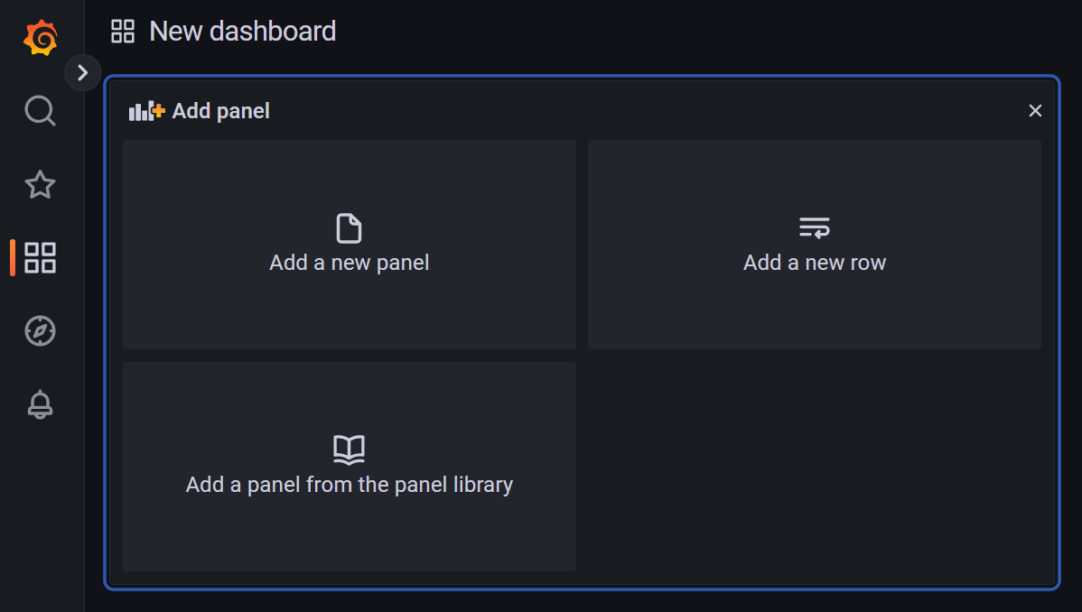 Grafana 實例的螢幕快照。建立新的儀錶板。