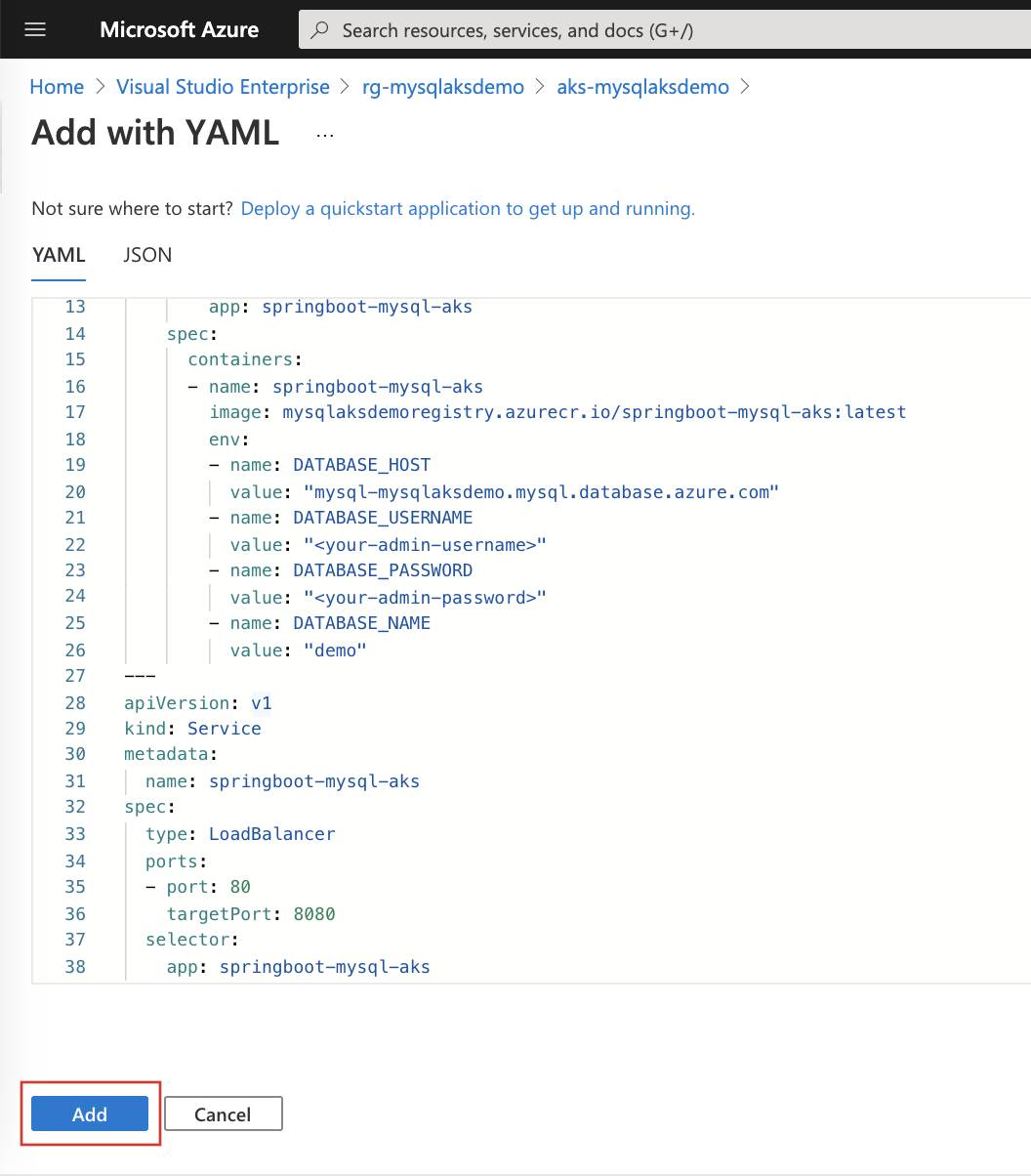 顯示 [使用 YAML 編輯器新增] 的螢幕快照。