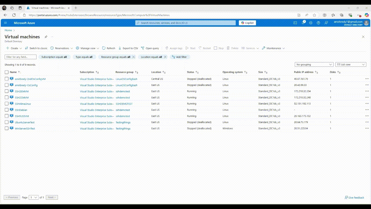 GIF，示範如何透過 Azure Resource Graph 查詢檢閱強制執行 SSH 原則結果