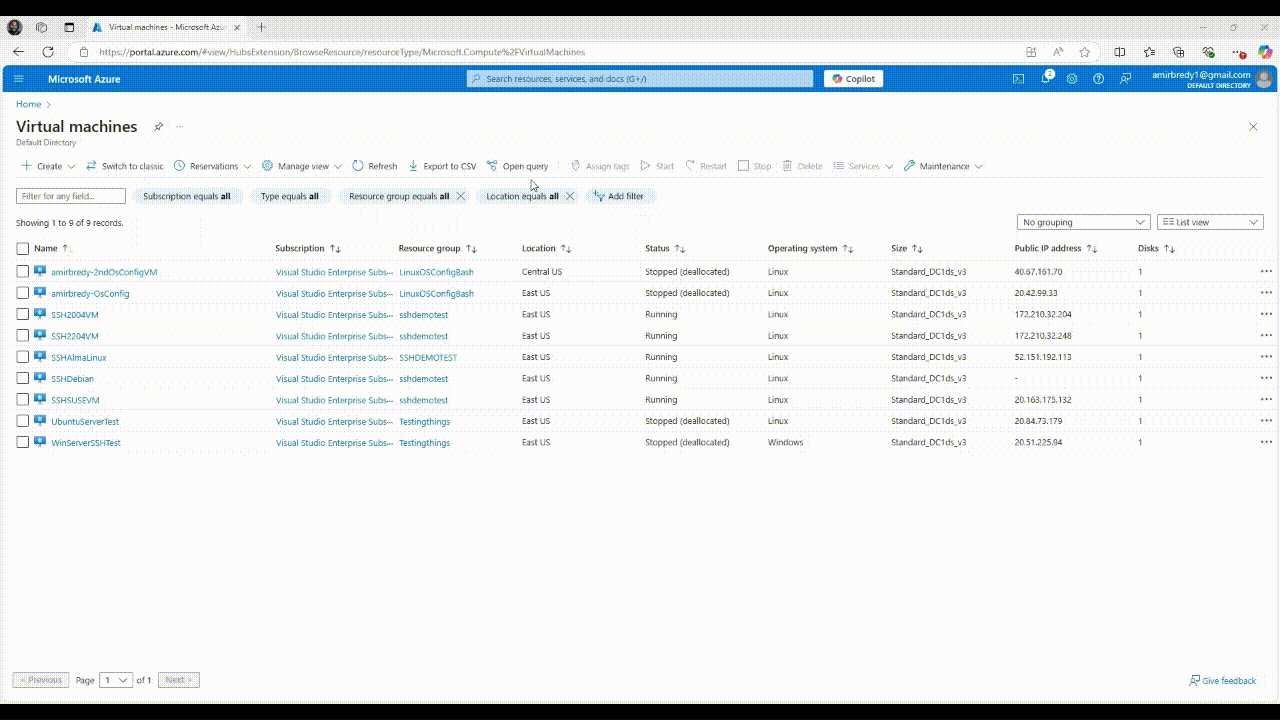 GIF，示範如何透過 Azure Resource Graph 查詢檢閱稽核 SSH 原則結果