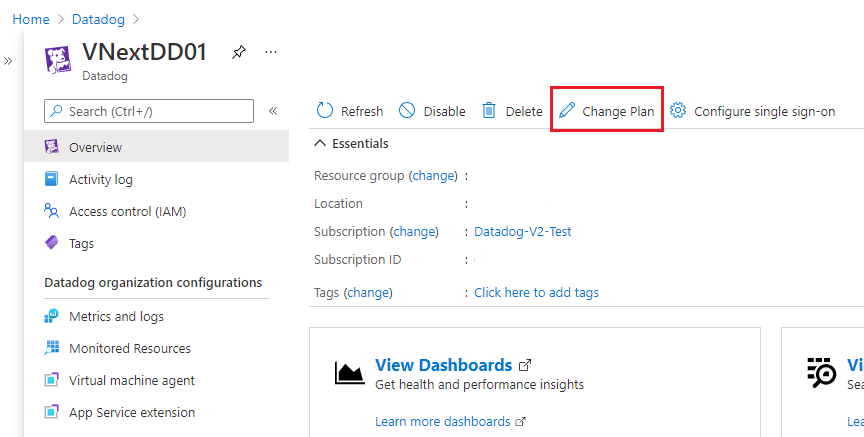 Select change Datadog billing plan.