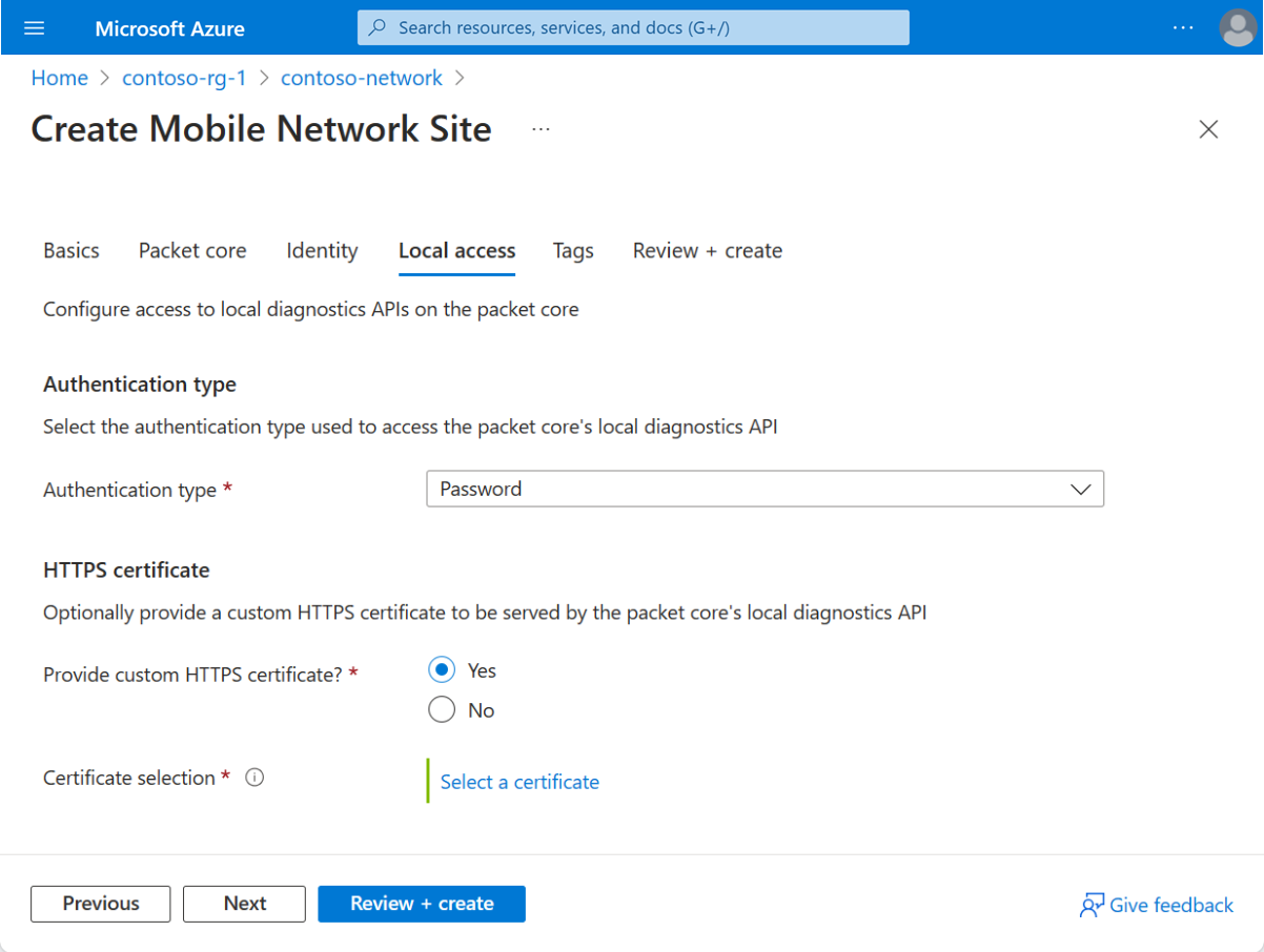 Azure 入口網站 螢幕快照，其中顯示月台資源的 [本機存取設定] 索引標籤。