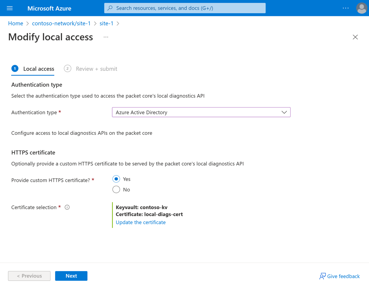 Screenshot of the Azure portal showing the Local access configuration tab.