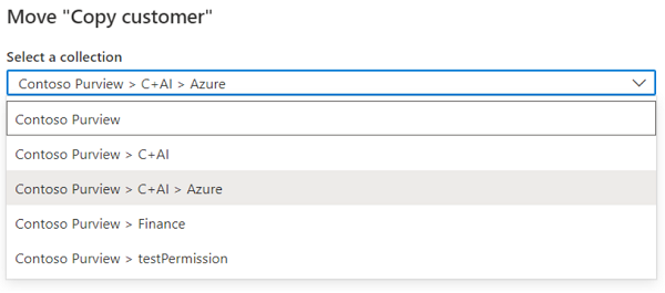 Microsoft Purview 治理入口網站快顯視窗的螢幕擷取畫面，其中已醒目提示 [選取集合] 下拉式功能表。