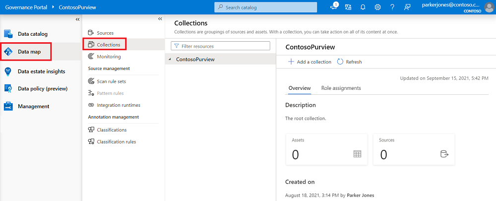 Microsoft Purview 治理入口網站視窗的螢幕擷取畫面，已開啟至 [資料對應]，並已選取 [集合] 索引標籤。
