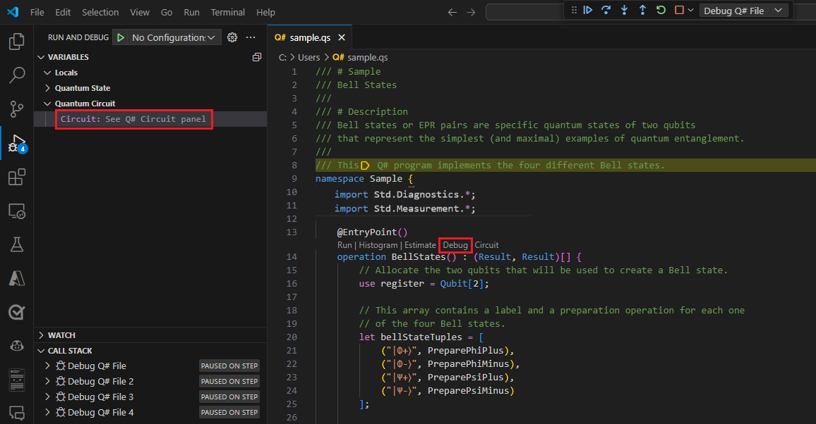 Visual Studio Code 的螢幕快照,顯示如何在偵錯程式時將線路可視化。
