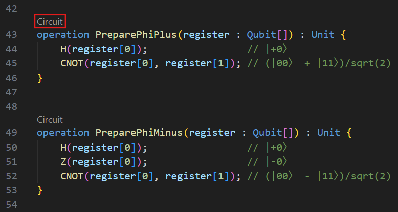 截圖 Visual Studio Code 展示了如何在 Q# 程式中視覺化單一 Q# 操作的電路。