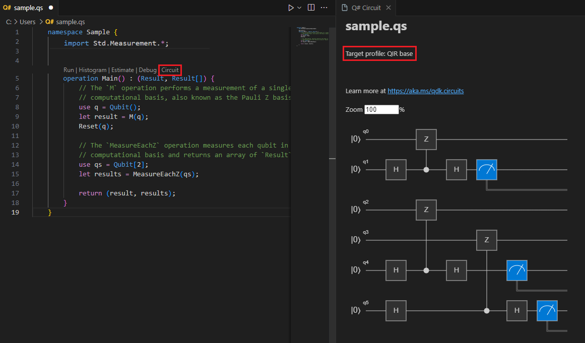 配置檔為 QIR 基底時的 target 量子線路螢幕快照。