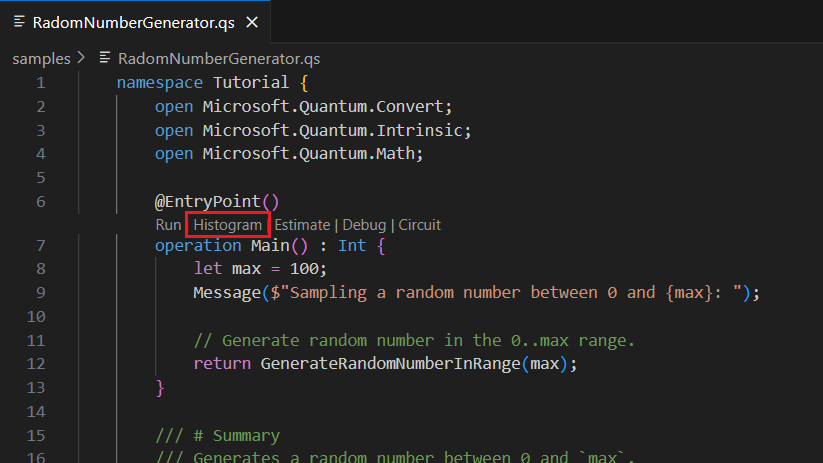 Visual Studio Code 螢幕快照，其中顯示程式代碼鏡頭中尋找直方圖命令的位置。