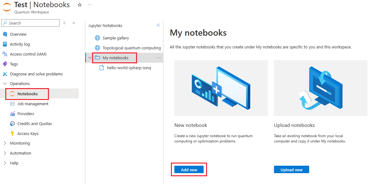 顯示如何在 Azure 入口網站 中建立新 Jupyter Notebook 的螢幕快照。