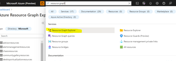 入口網站中 Azure Resource Graph Explorer 的螢幕快照。