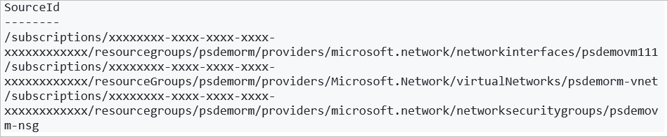 Screenshot of the output text after retrieving dependent VM resources.