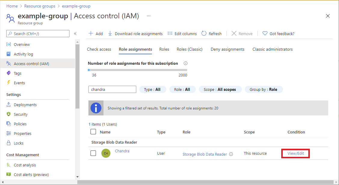 角色指派清單，其中包含條件的檢視/編輯連結。