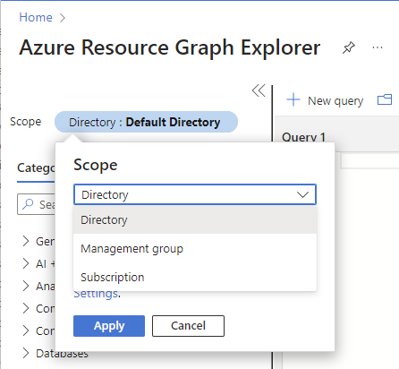 顯示 [範圍] 選取範圍的 Azure Resource Graph 總管螢幕快照。