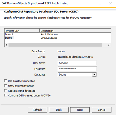 Screenshot that shows the CMS database information for Windows.