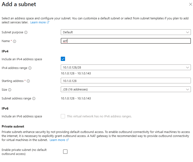 顯示新增子網之選取項目的螢幕快照。