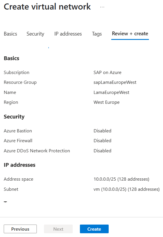 此螢幕快照顯示為 Azure NetApp Files 建立虛擬網路的選項。