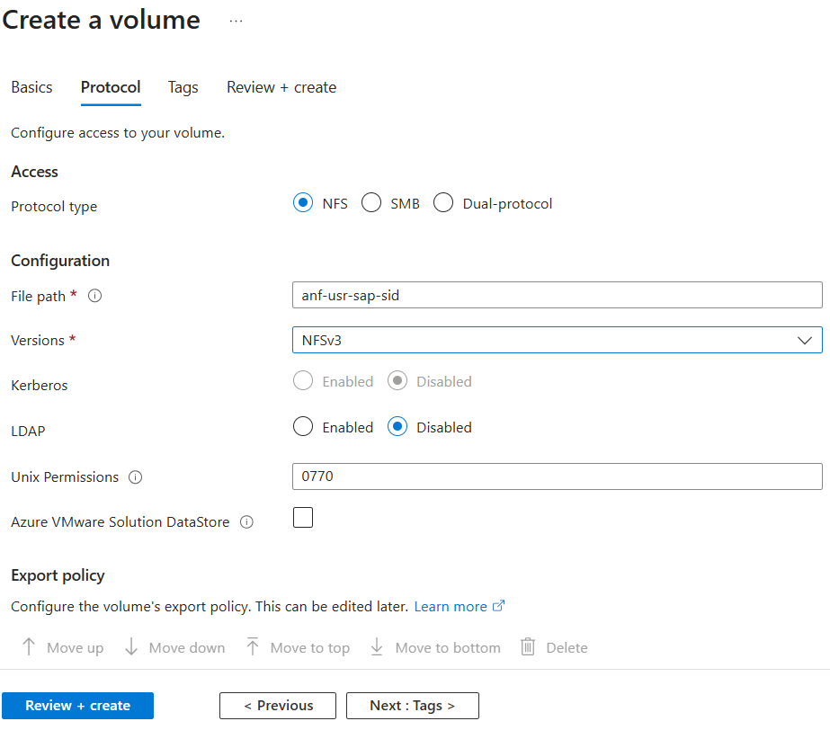 顯示建立磁碟區的通訊協定詳細數據的螢幕快照。