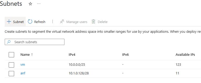 顯示子網清單的螢幕快照。