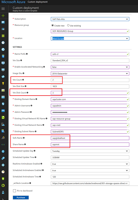 Figure 1: UI screen for Scale-Out File Server Resource Manager template with managed disks