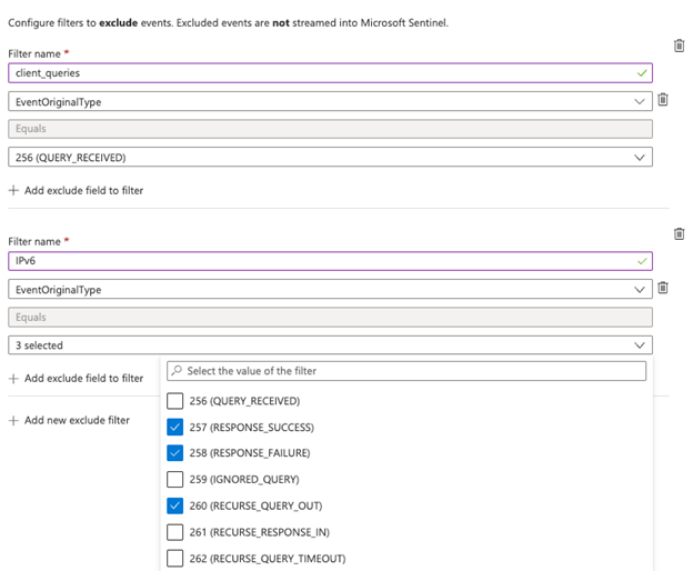 Screenshot of filtering out event IDs for the Windows D N S over A M A connector.