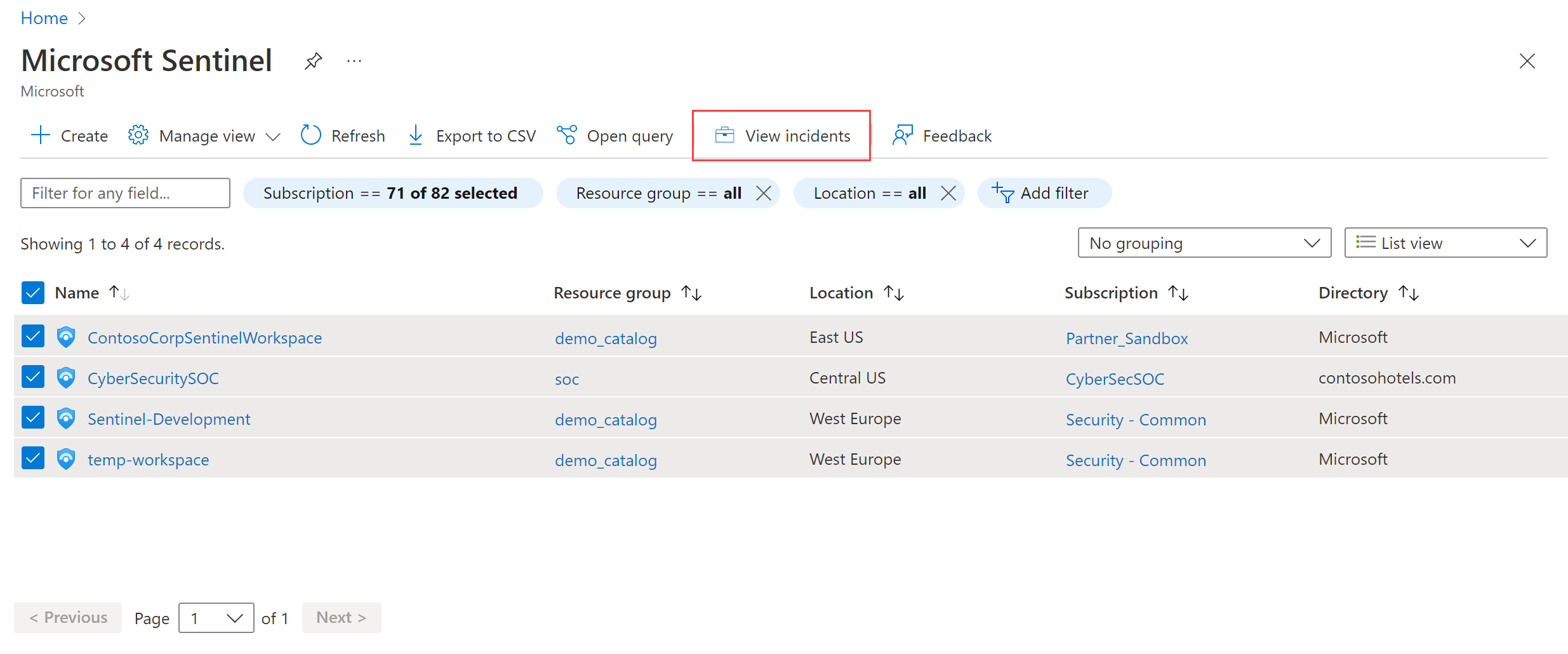 選取多個工作區的截圖。