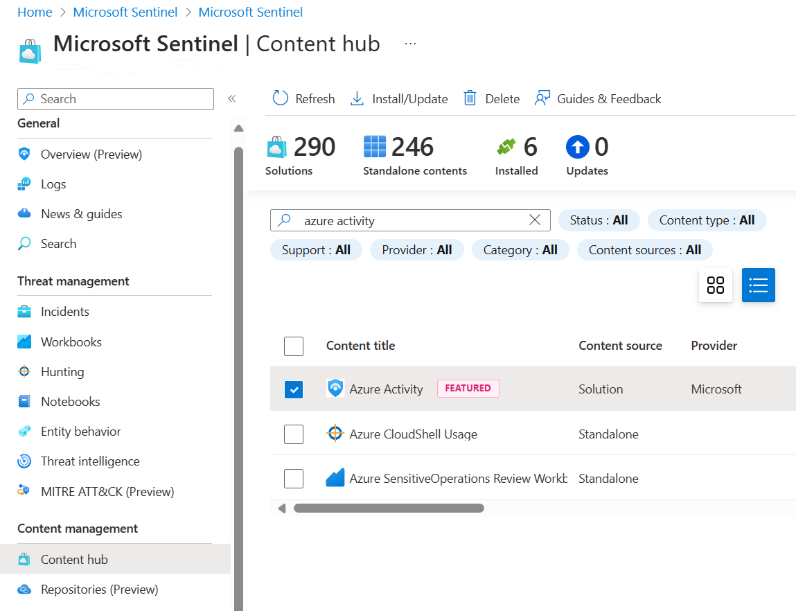 Screenshot of the content hub with the solution for Azure Activity selected.