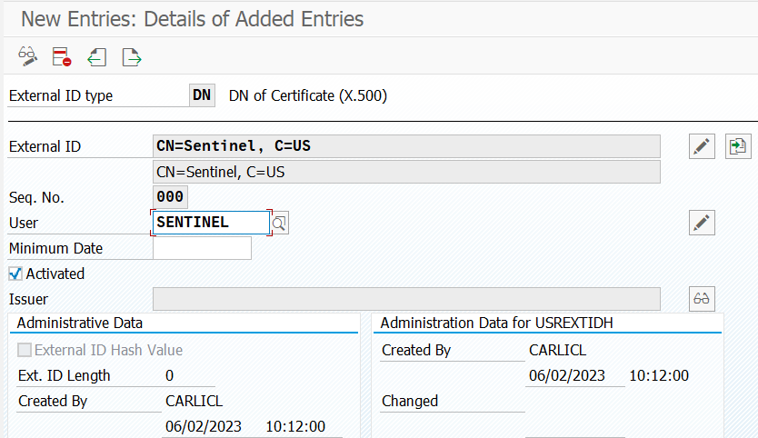 設定 SAP VUSREXTID 資料表的螢幕擷取畫面。