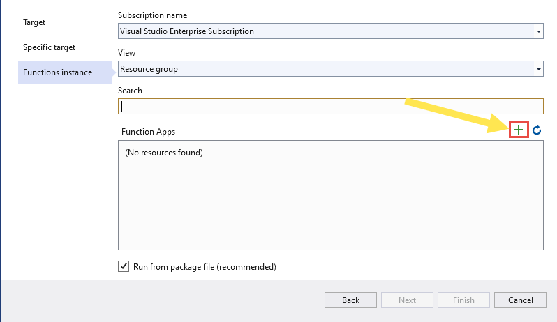 顯示 Visual Studio - 發佈對話方塊之 [新增函式] 按鈕的影像。