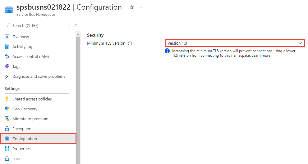 Screenshot showing the page to set the minimum TLS version for an existing namespace.