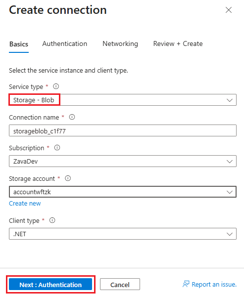 Azure 入口網站 的螢幕快照,建立 Blob 儲存體 連線。