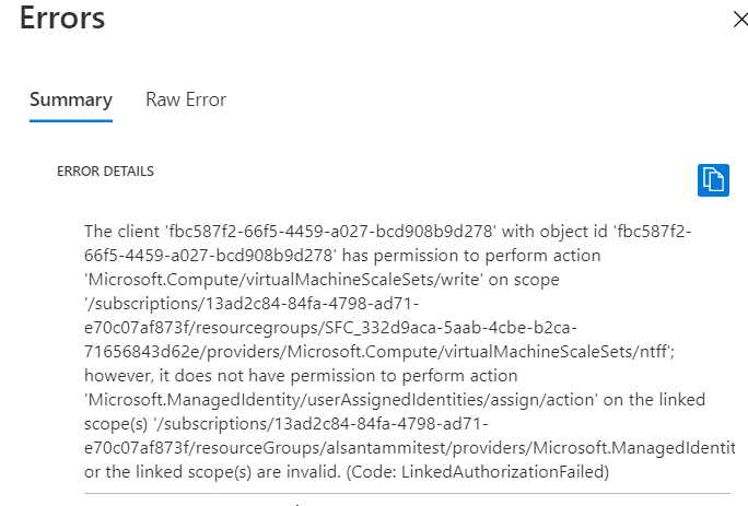 Azure 入口網站部署錯誤，顯示具有 SFRP 物件/應用程式識別碼的用戶端沒有執行身分識別管理活動的許可權