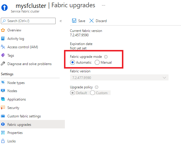 Select Automatic or Manual upgrades in the 'Fabric upgrades' section of your cluster resource in Azure portal.