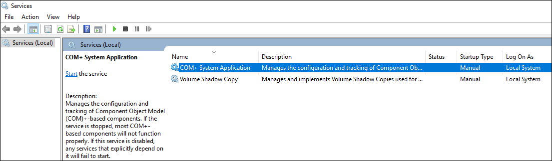 檢查 COM 的啟動類型加上系統應用程式和磁碟區陰影複製服務。