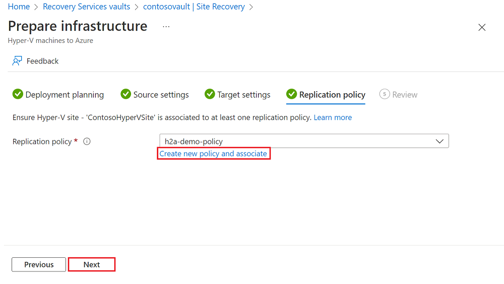 Screenshot that shows the Replication policy tab, with the Create new policy and associate link highlighted.